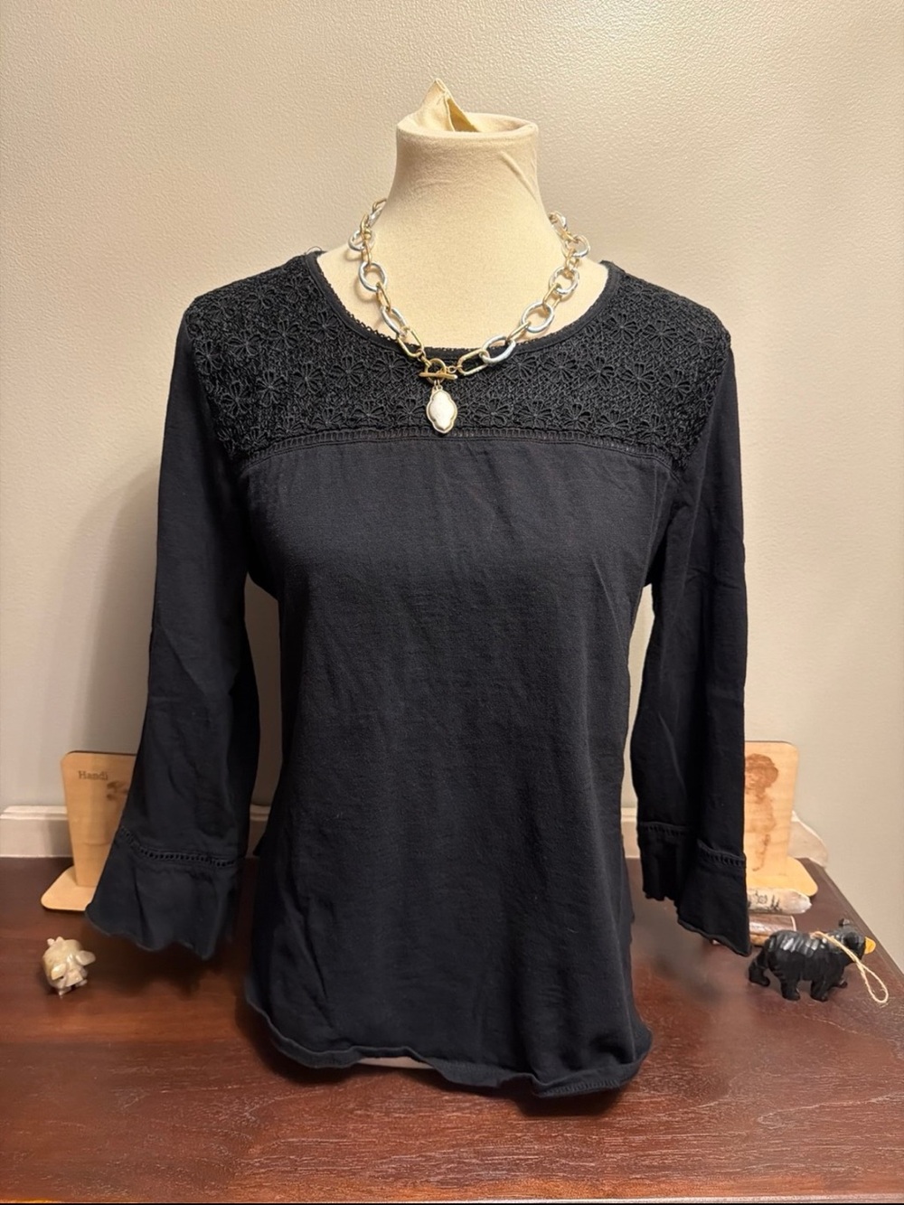 Alfred Dunner Black Long Sleeve Top with Crochet Yoke